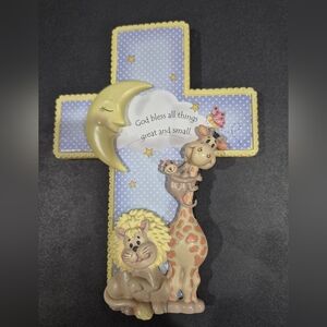 Precious Moments Blue and Yellow Cross with Animals